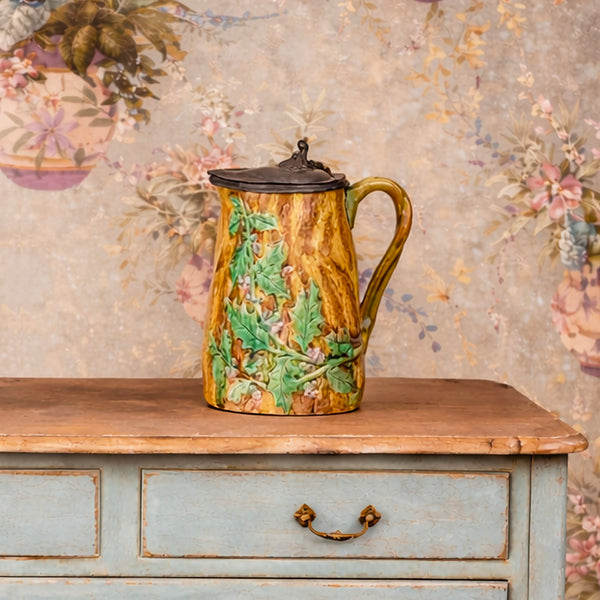 Adams & Bromley Majolica Holly Jug with Pewter Lid c.1880