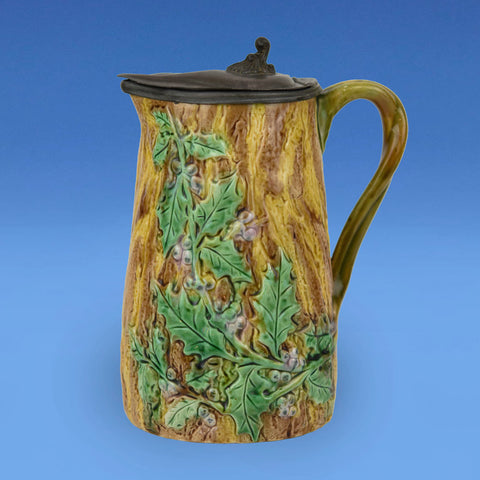Adams & Bromley Majolica Holly Jug with Pewter Lid c.1880