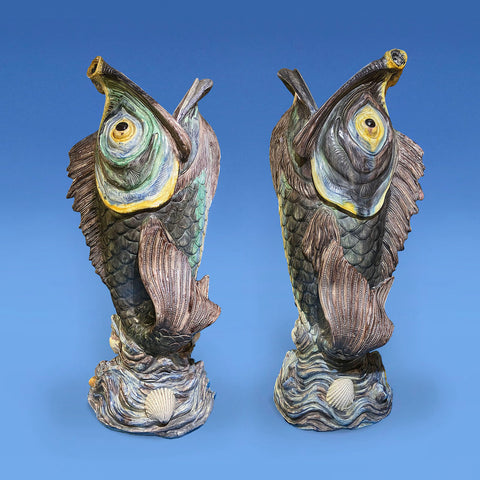 Large Pair of Victor Barbizet Majolica Fantastic Fish Vases c.1865