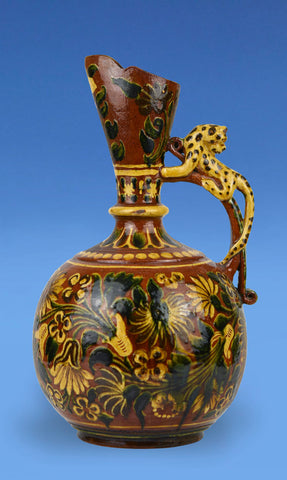 Indian Glazed Terracotta Leopard Handle Jug c.1880