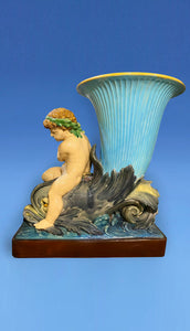 Monumental Minton Majolica Boy Riding Dolphin Floor Jardiniere c.1865 Sculpted by Hughes Protat.