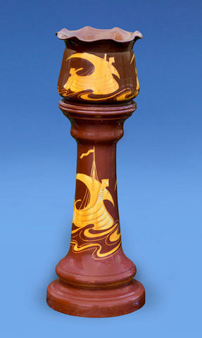 Bretby Glazed Terracotta Arts & Crafts Sgraffito Jardiniere on Stand c.1900