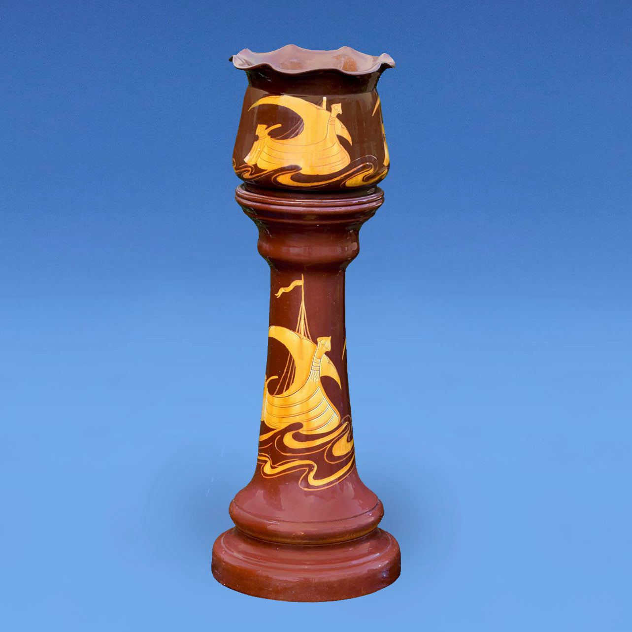 Bretby Glazed Terracotta Arts & Crafts Sgraffito Jardiniere on Stand c.1900