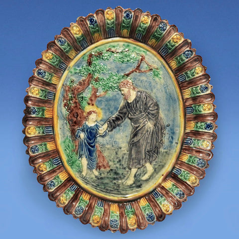 French Majolica Dish depicting the Christ Child & Joseph c.1870 probably by Thomas Sargent
