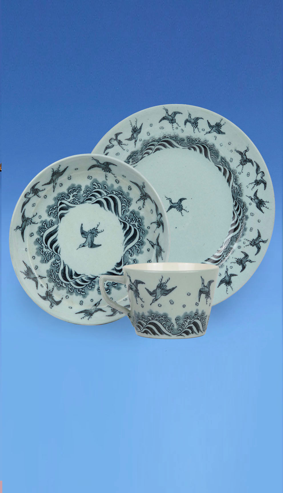 Mintons 'Japanese Crane' Pattern Cup, Saucer & Sandwich Plate c.1876 Designed by Christopher Dresser