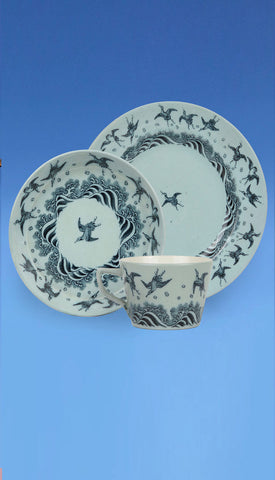 Mintons 'Japanese Crane' Pattern Cup, Saucer & Sandwich Plate c.1876 Designed by Christopher Dresser
