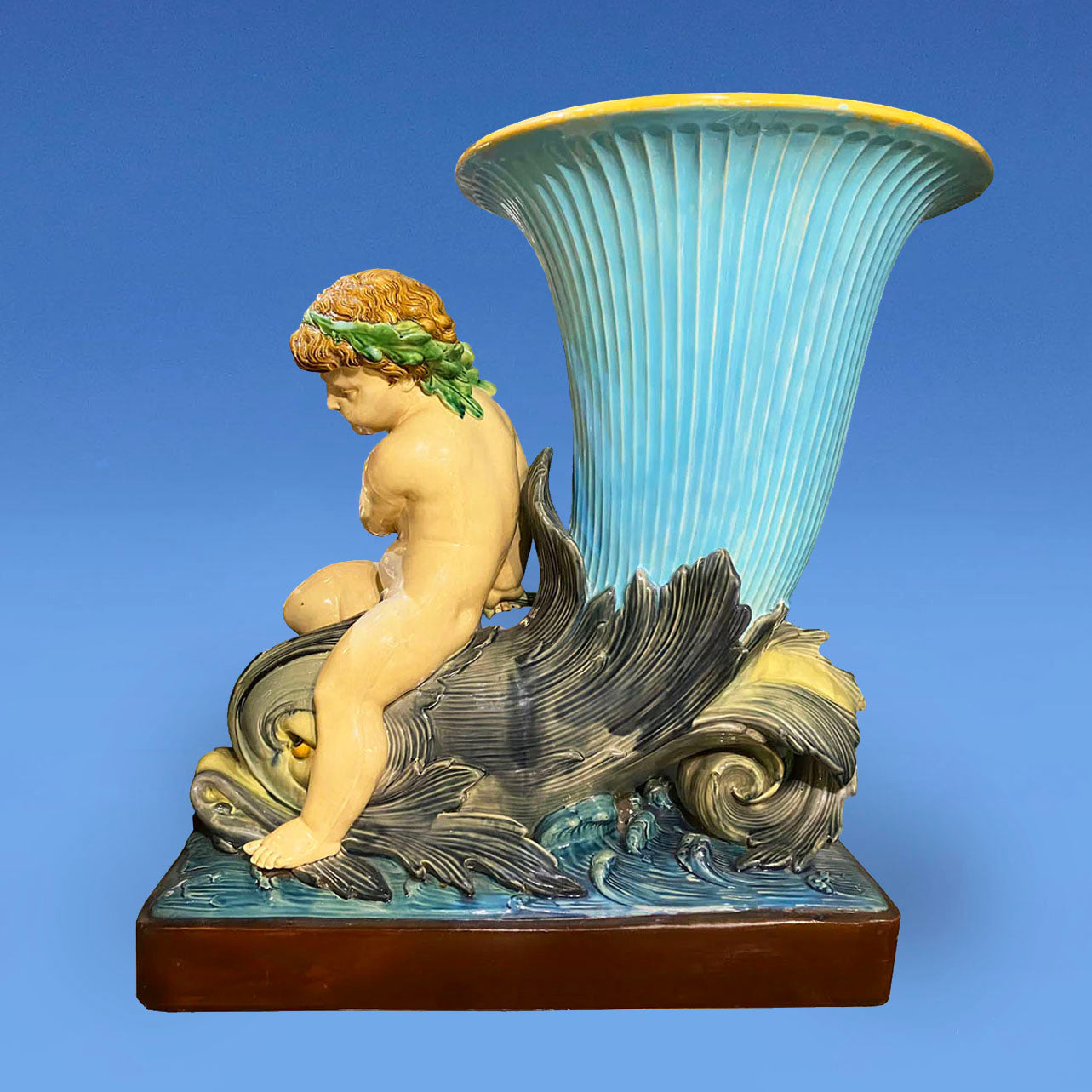 Monumental Minton Majolica Boy Riding Dolphin Floor Jardiniere c.1865 Sculpted by Hughes Protat.