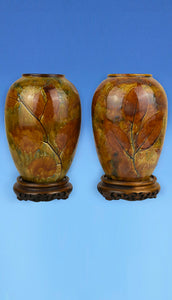 Pair of Doulton Lambeth Natural Foliage Ware c.1895 on hardwood stand