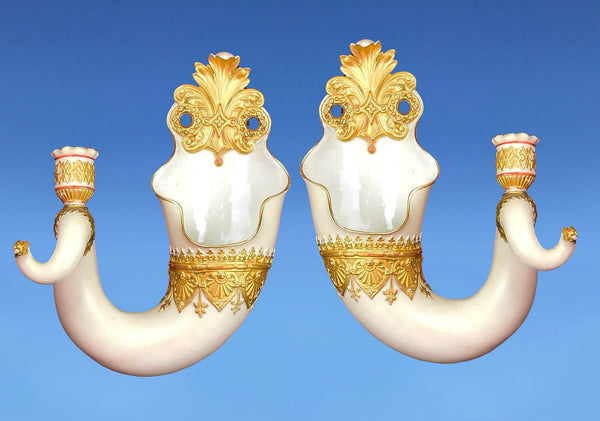 Pair of Royal Worcester Porcelain Wall Pockets with candle Holders c.1870