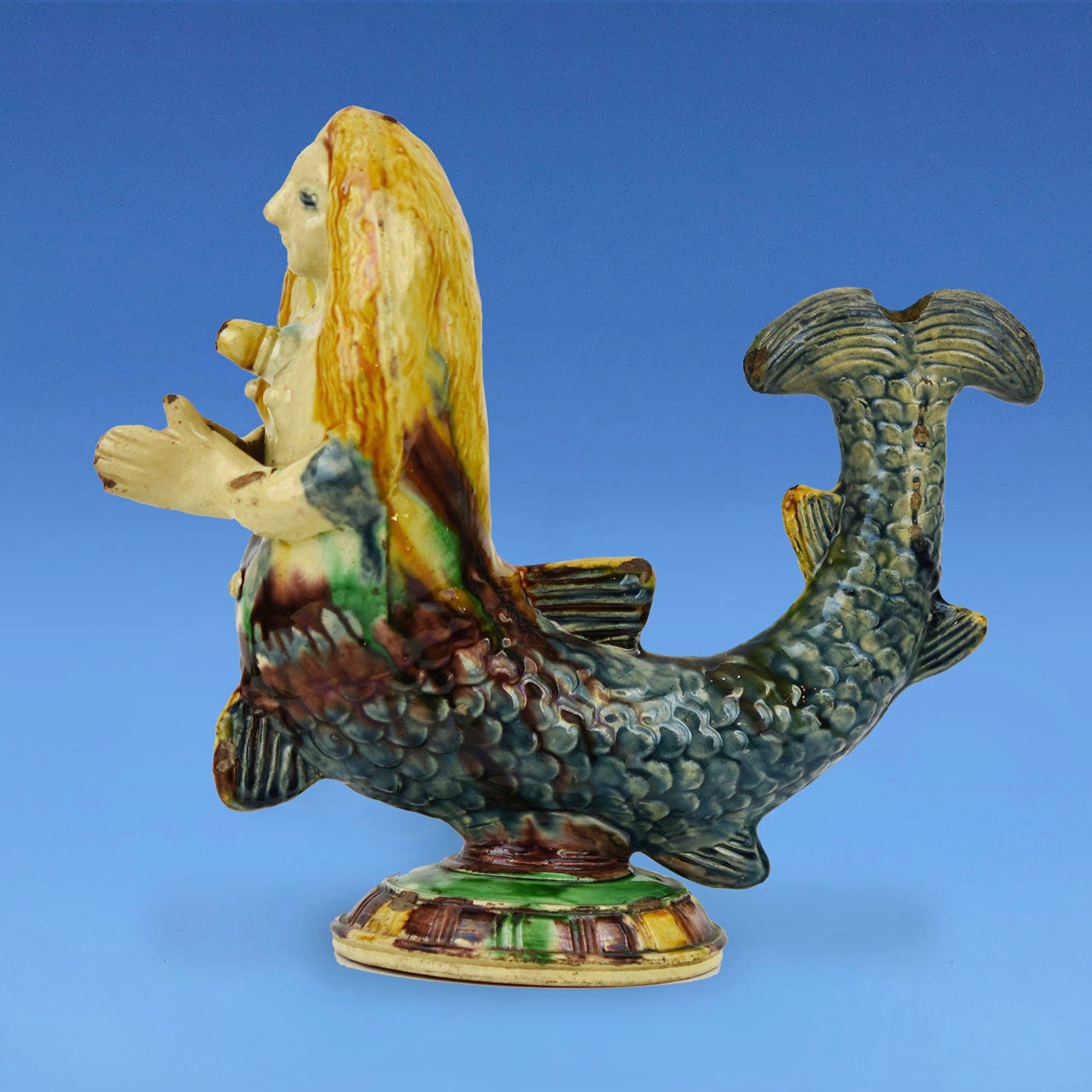 17th Century School of Palissy Glazed Earthenware Mermaid Drinking Vessel c.1620 Saintogne, France