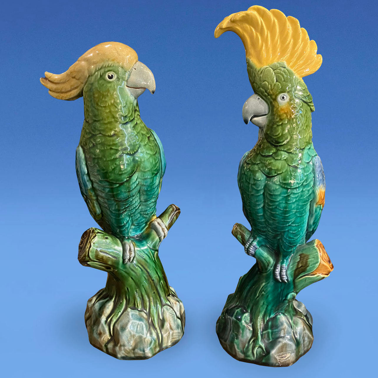 Pair of Minton Majolica Parrots c.1890