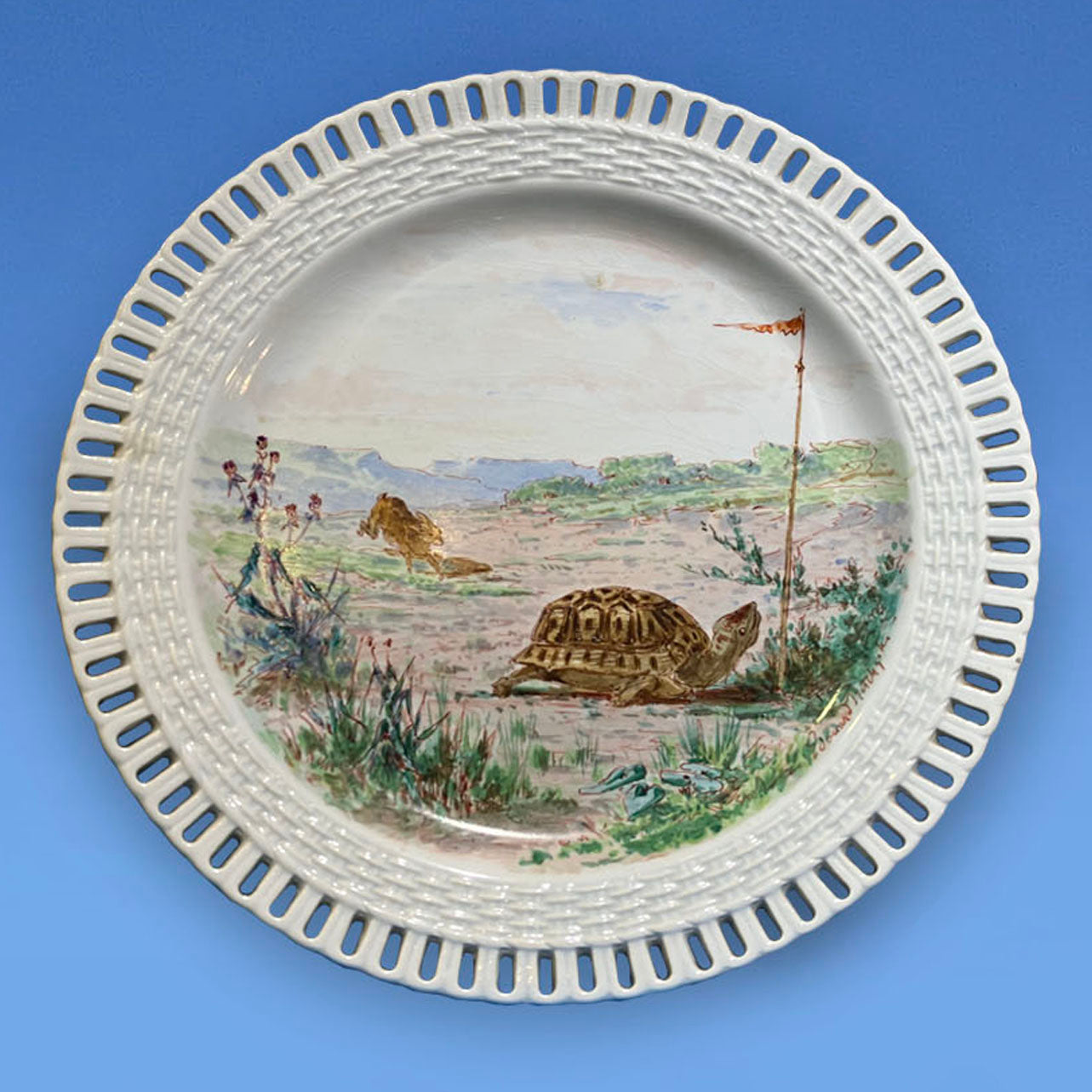 Rare Minton Aesop Fable Cabinet Plate c.1875, painted by Eduoard Rischgitz depicting 'The Tortoise and the Hare'