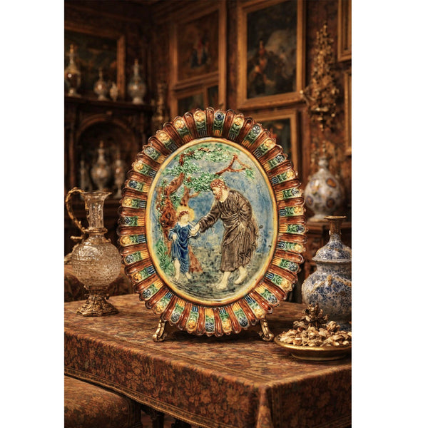 French Majolica Dish depicting the Christ Child & Saint Joseph c.1870 probably by Thomas Sargent