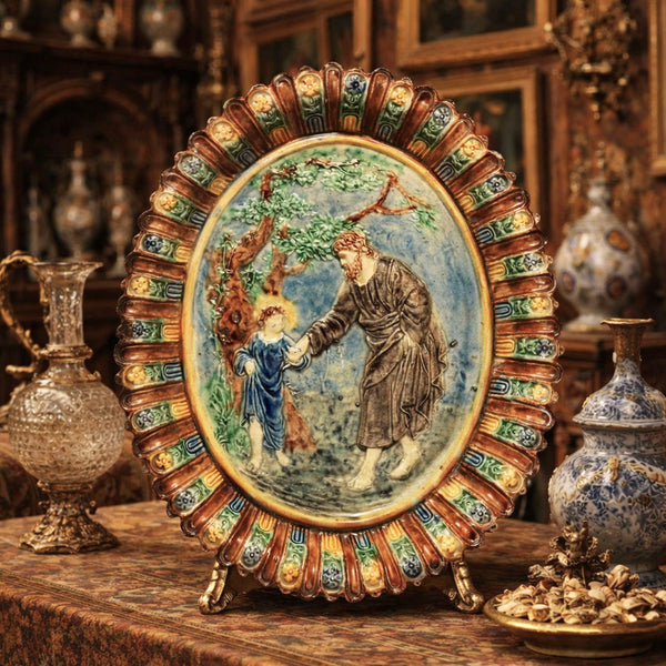 French Majolica Dish depicting the Christ Child & Saint Joseph c.1870 probably by Thomas Sargent