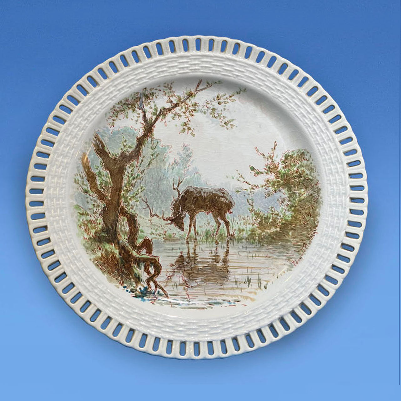 Rare Minton Aesop Fable Cabinet Plate c.1875, painted by Eduoard Rischgitz depicting 'The Stag and His Reflection'