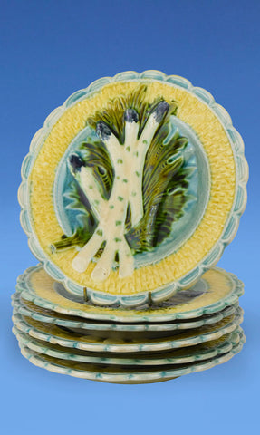 6 French Majolica Asparagus Plates c.1890