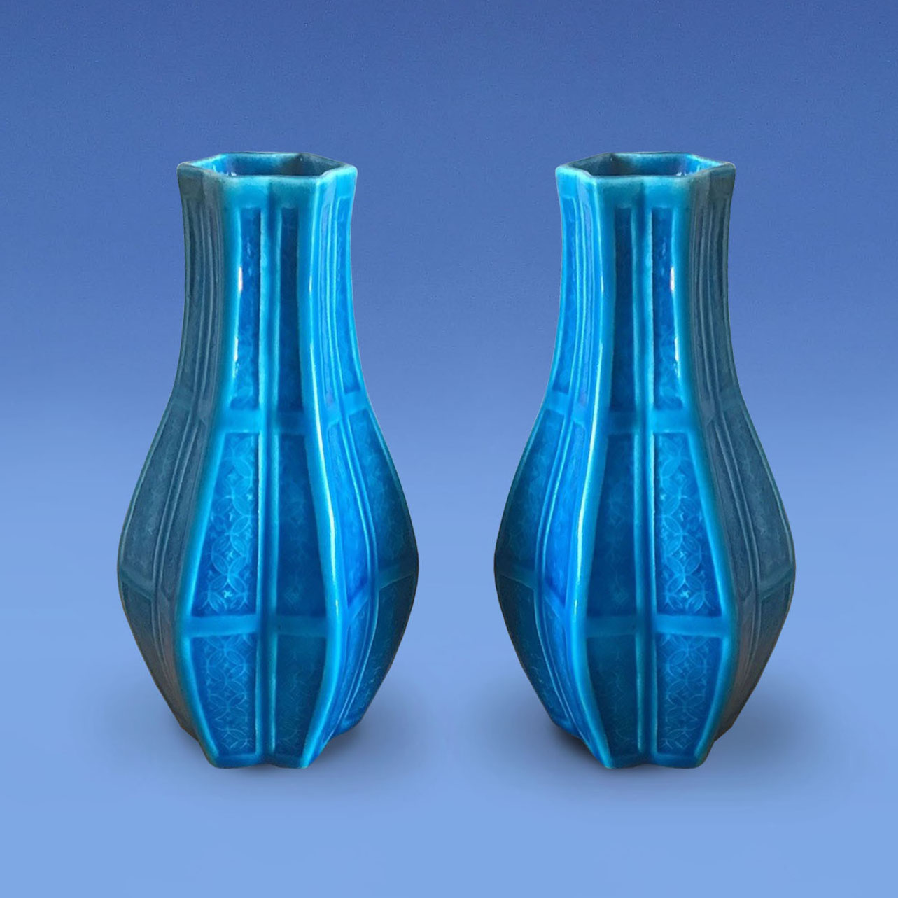 Pair of Sarreguemines Persian Blue Vases c.1875 in the style of Theodore Deck