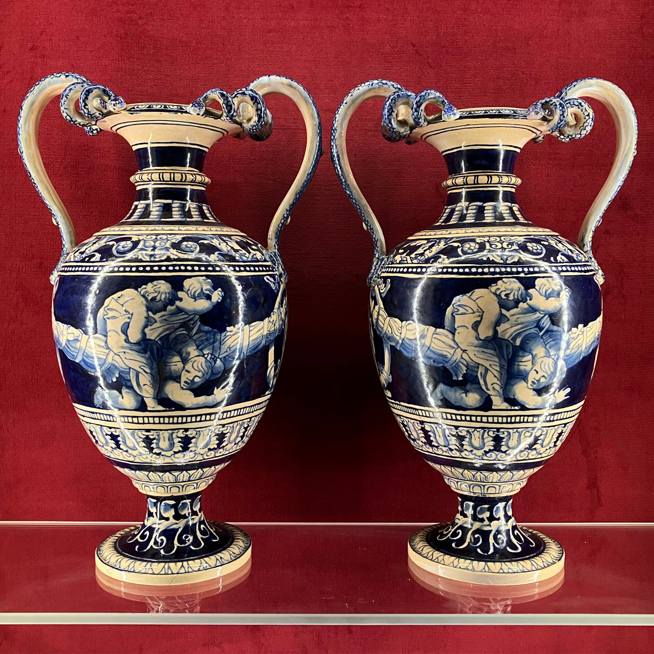 Rare Pair of Minton Renaissance Revival Vases .c.1862 Designed by Alfred Stevens, Painted by Thomas Kirkby