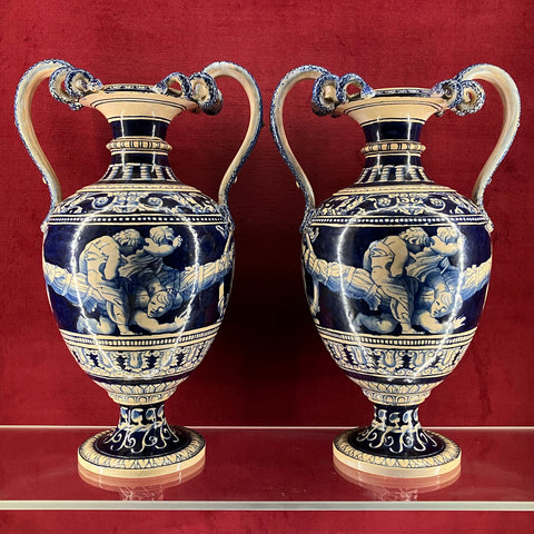 Rare Pair of Minton Renaissance Revival Vases .c.1862 Designed by Alfred Stevens, Painted by Thomas Kirkby