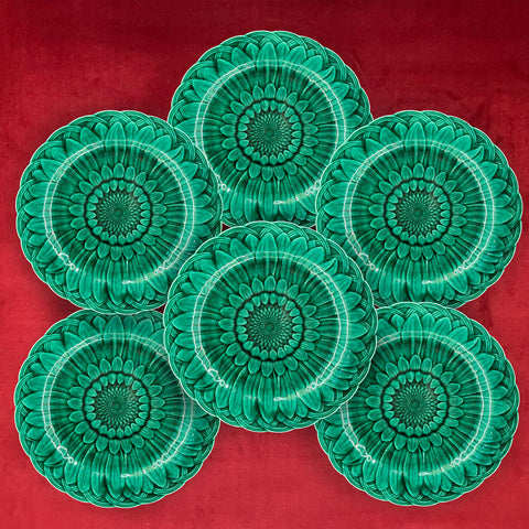 Six Wedgwood Majolica Sunflower Pattern Dessert Plates c.1875