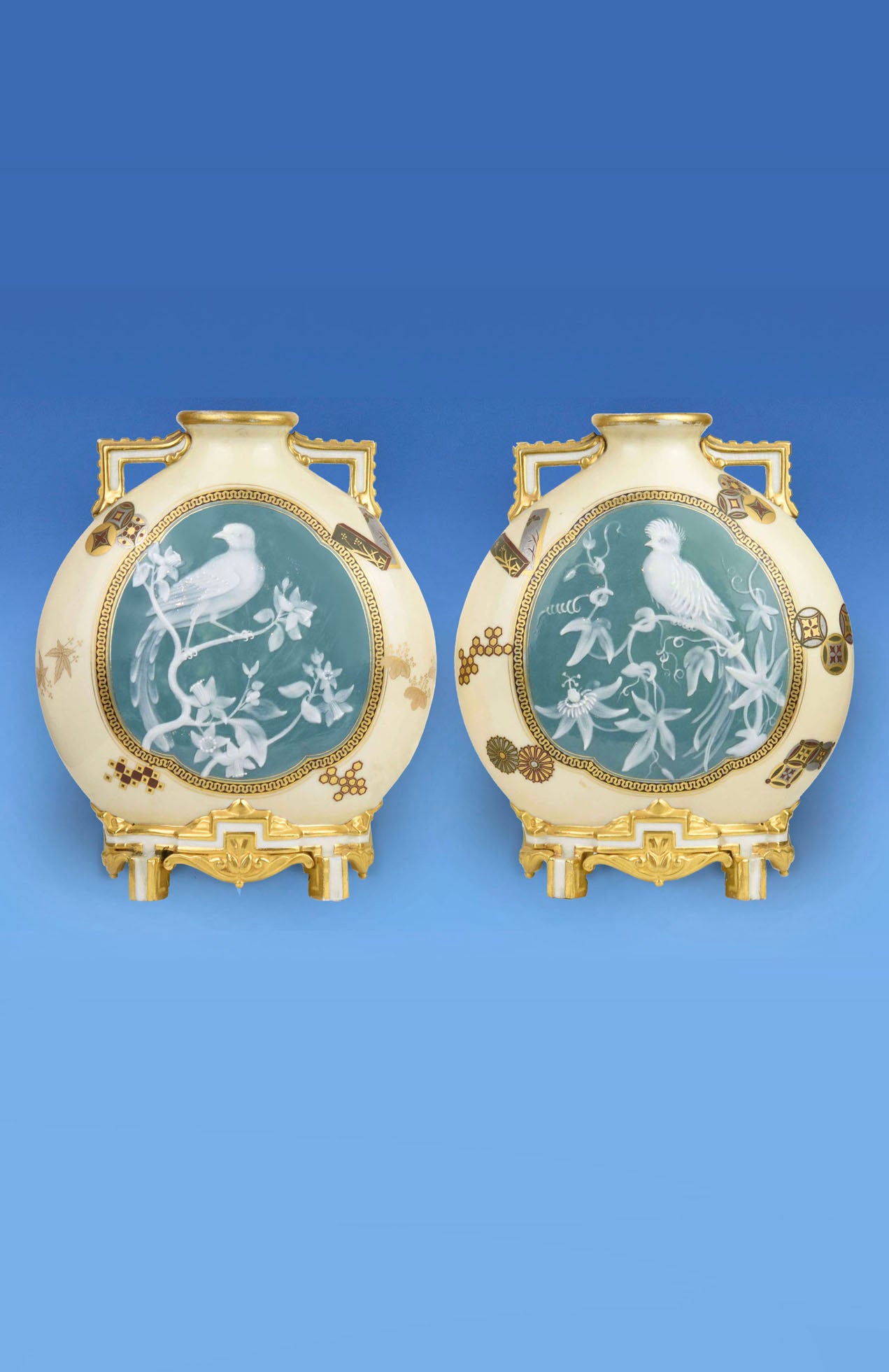 Pair of Royal Worcester Porcelain Aesthetic Movement Moonflasks with Pate Sur Pate Panels c.1875