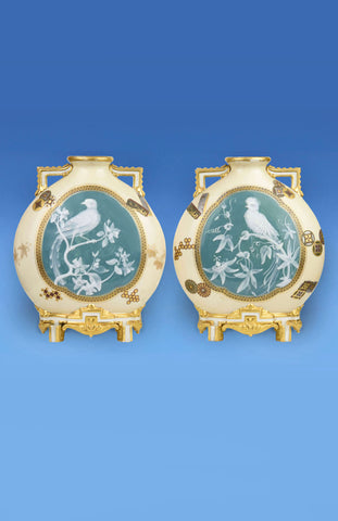 Pair of Royal Worcester Porcelain Aesthetic Movement Moonflasks with Pate Sur Pate Panels c.1875