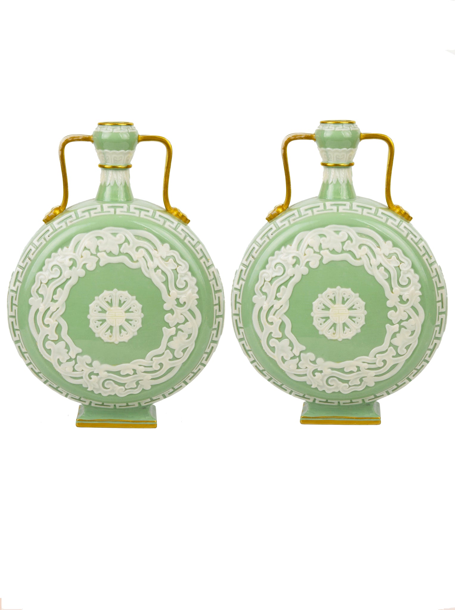 Pair Of Royal Worcester Porcelain Aesthetic Movement Chinese Style Celadon Moonflasks c.1875 Vases