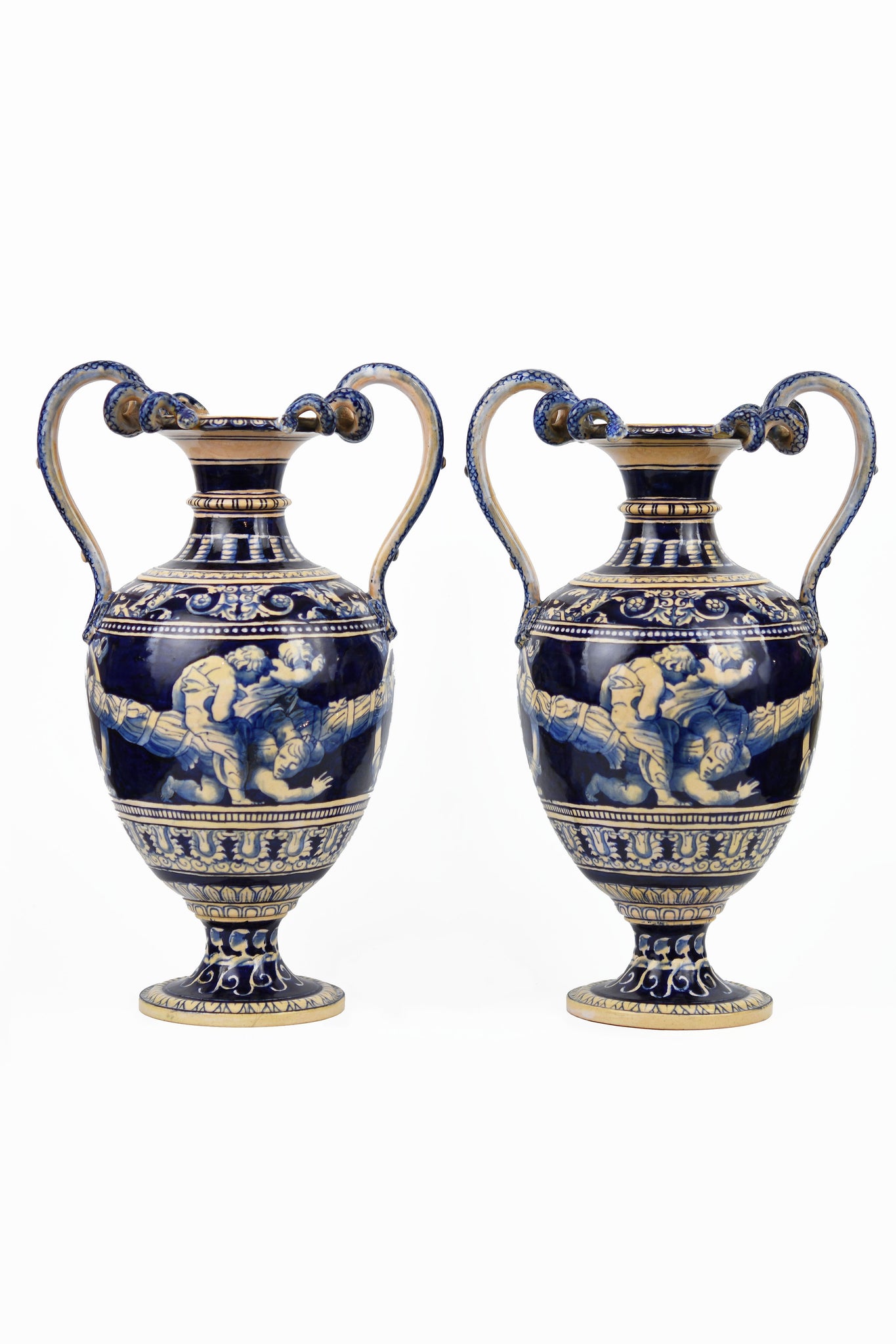 Pair of Minton Renaissance Revival Vases .c.1862 Designed by Alfred Stevens, Painted by Thomas Kirkby